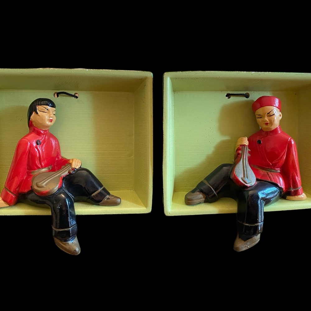Vtg Mid Century Chalkware Asian Musician Wall Art Set 2 MCM Kitsch